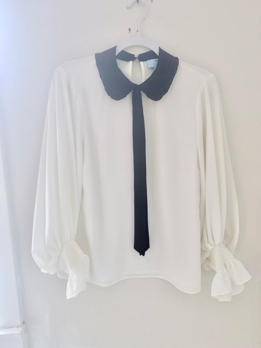 CeCe Women’s White Blouse with Black Peter Pan Collar and Tie